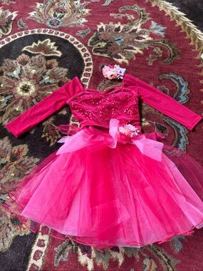 Weissman Hot Pink Sequin Tulle Flower Dance Dress with Hair Accessory